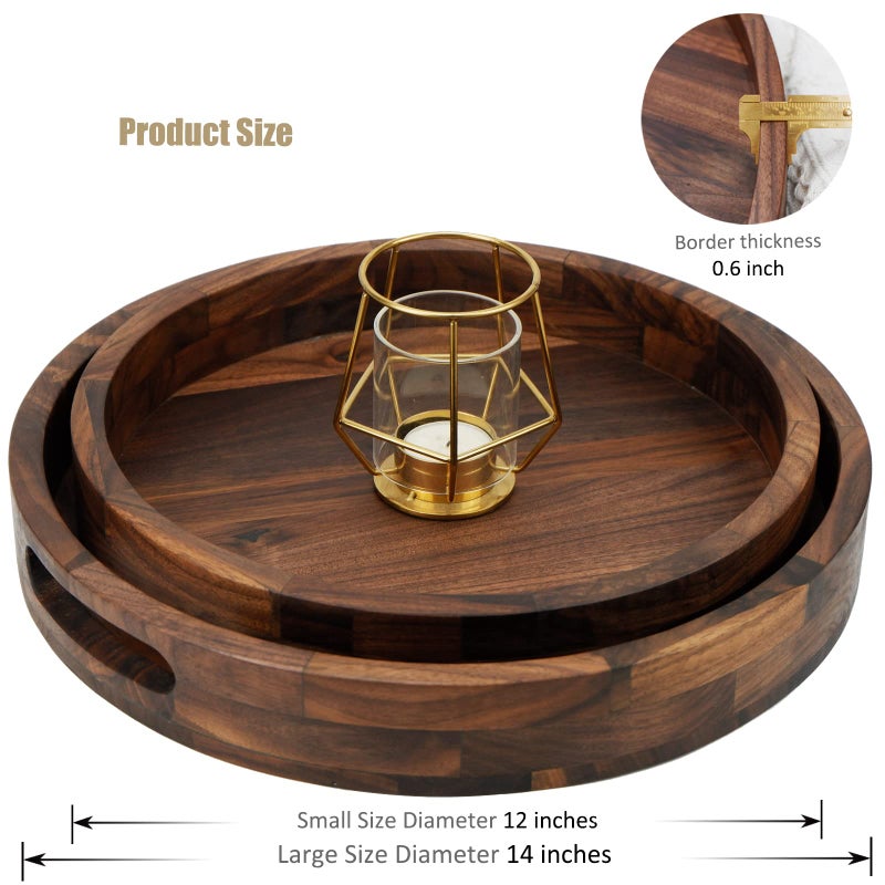 MAGIGO Set of 2 Large Round Black Walnut Wood Ottoman Tray with Handles, Serve Tea, Coffee, Classic Wooden Circular Decorative Serving Tray, 14 &12 inches - Image 2